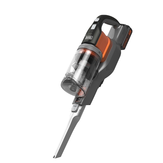 A BLACK+DECKER cordless vacuum cleaner with a transparent dust container and an orange accent, featuring a long slim nozzle attachment.