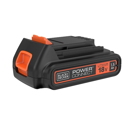 BLACKDECKER BL1518 lithium 18V 1.5Ah battery pack, black and orange, angled side view, on white background.
