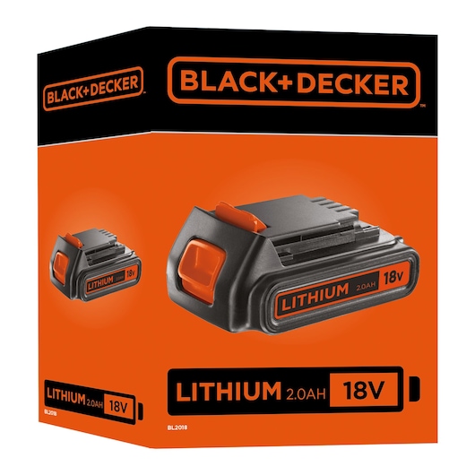 BLACK+DECKER BL2018 18V lithium battery packaging, orange and black color, front angle.
