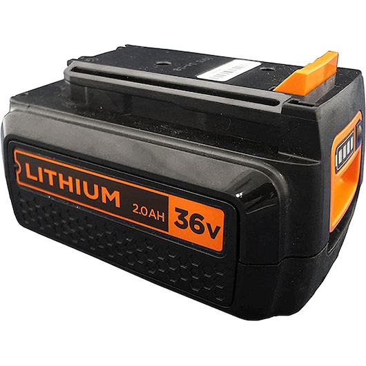BLACKDECKER BL2036 lithium battery, black and orange, 36V 2.0Ah, side angle, photography