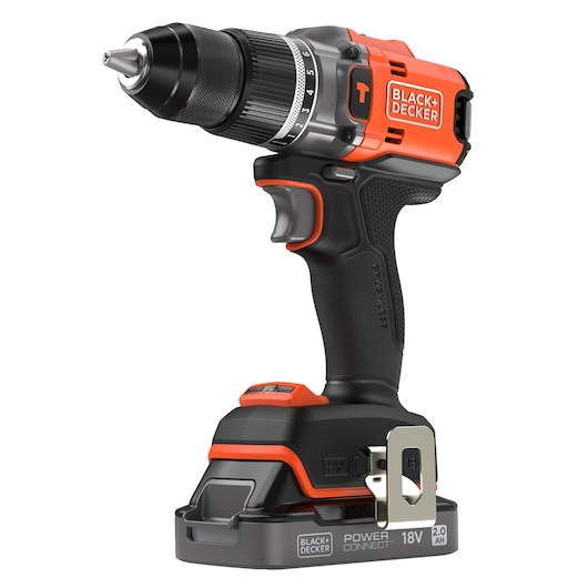 Cordless BLACK+DECKER 18V drill with ergonomic handle and POWERCONNECT battery, shown upright on a white background.