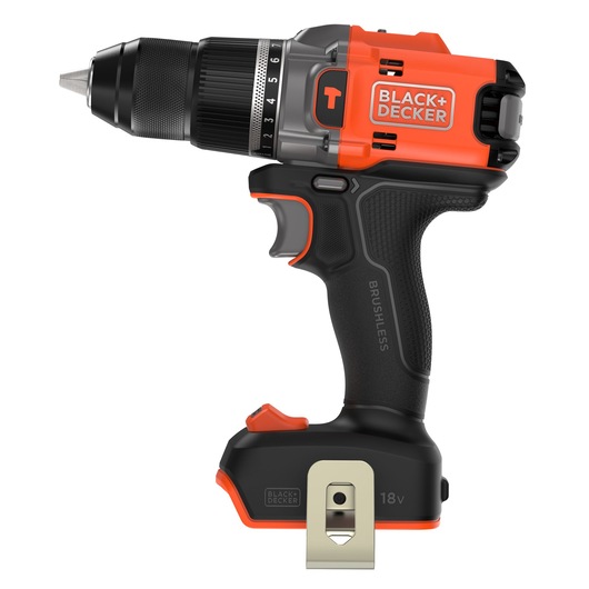 A BLACK+DECKER cordless power drill with a black and orange body, a brushless motor, 18V battery, and metal belt clip. The drill has adjustable torque settings and an ergonomic grip.