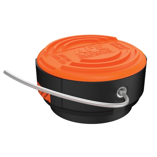 A BLACK+DECKER automatic feed spool for a grass trimmer, featuring an orange top and black base with a line extending from the side.