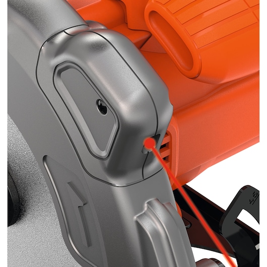 Close-up of a BLACK+DECKER circular saw showing the laser guide feature with a visible red laser line.