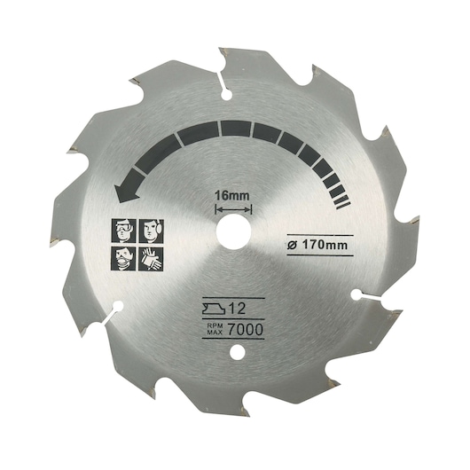 A close-up image of a circular saw blade with sharp teeth. The blade is metallic and marked with specifications: 16mm center hole, 170mm diameter, 12 teeth, and a maximum speed of 7000 RPM. Safety icon graphics are also visible, indicating the use of protective gear.