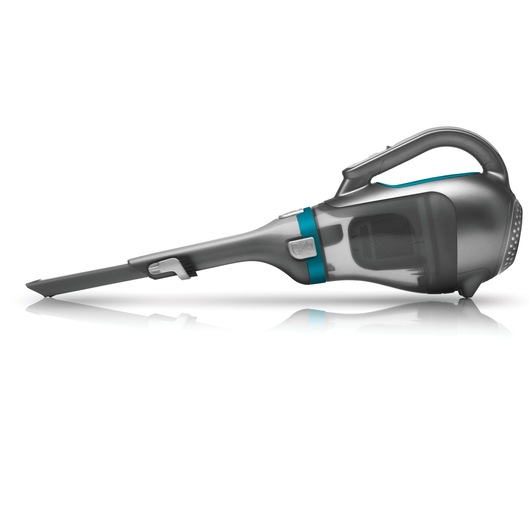 A sleek, grey and blue handheld vacuum cleaner with a transparent dust container, shown in a side view on a white background.