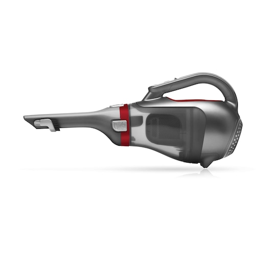 A handheld vacuum cleaner with a sleek, metallic gray and red design, shown in profile against a white background.
