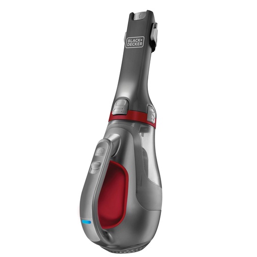 BLACK+DECKER DV1415EL handheld vacuum, gray and red, front angle on white background.