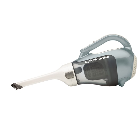 A handheld cordless vacuum cleaner with a long, narrow nozzle and a transparent dust container, featuring the words 'cyclonic action' printed on the side.