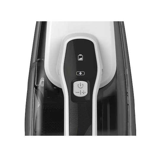 Close-up view of the control buttons and battery status indicator on a BLACK+DECKER handheld vacuum cleaner.