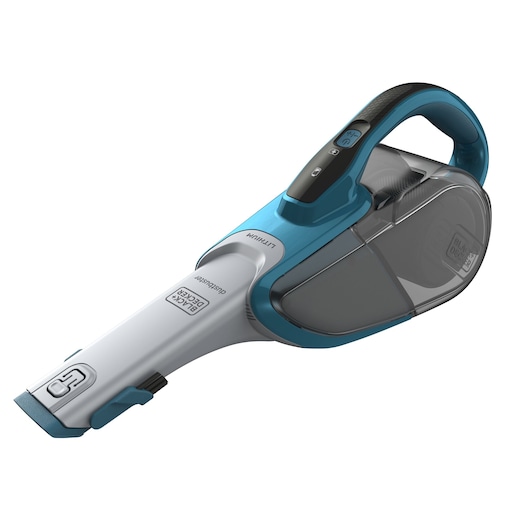 A handheld BLACK+DECKER cordless vacuum cleaner with a blue and grey design, featuring a transparent dust container and ergonomic handle.