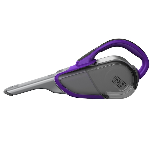 BLACK+DECKER DVJ325BFSP handheld vacuum, gray and purple, side angle on white background.