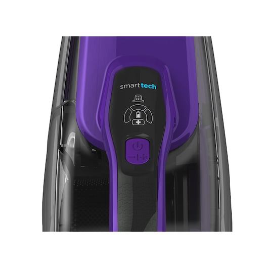 BLACKDECKER DVJ325BFSP handheld vacuum top view with purple accents and smart tech controls.