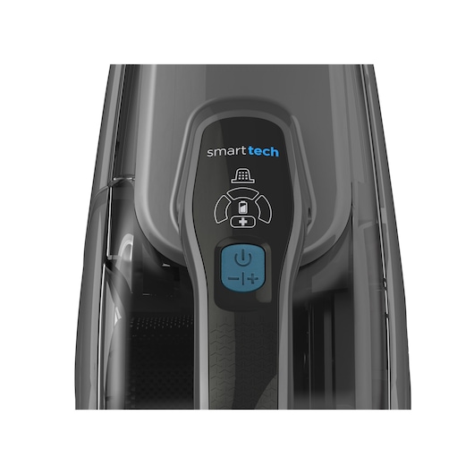 Close-up view of the control panel on a BLACK+DECKER handheld vacuum cleaner, featuring a blue power button and the 'smartech' branding with filter and battery indicator symbols.
