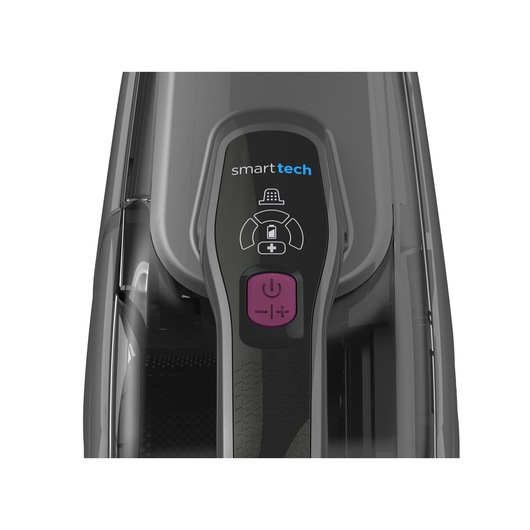BLACKDECKER FEJ520JFS vacuum cleaner close-up, showing smarttech power and filter indicator panel, top view.
