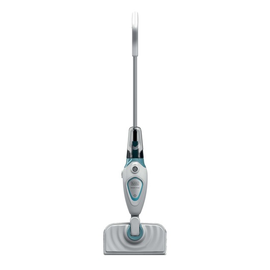 BLACKDECKER FSM1605 steam mop front angle, white and blue, upright on white background.