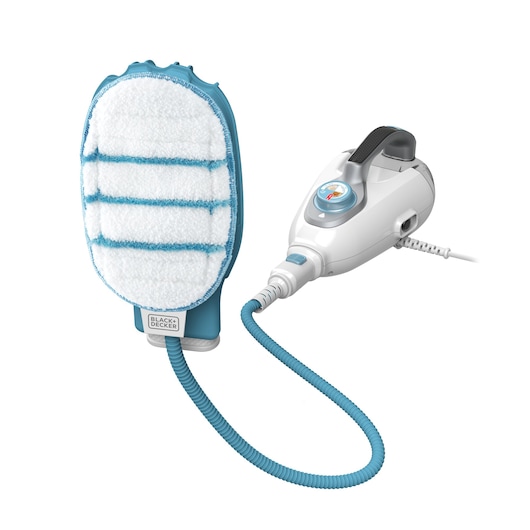 BLACKDECKER FSMH13151SM steam cleaning glove with blue and white microfiber pad, front angle photo.