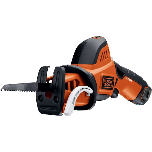 A BLACK+DECKER cordless electric saw with an orange and black design, featuring a serrated blade and ergonomic handle, model GKC108.