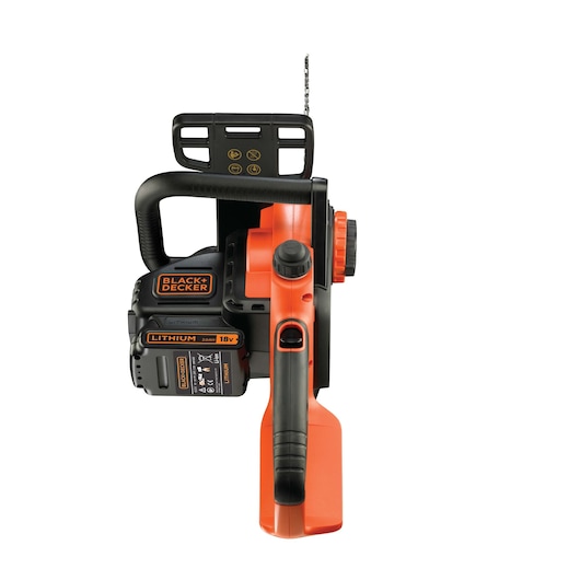 Front view of a BLACK+DECKER cordless electric chainsaw with an 18V lithium battery, featuring an orange and black design and ergonomic handle.