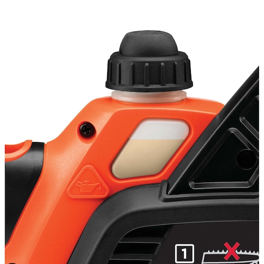 BLACKDECKER GKC1825LB chainsaw oil reservoir close-up, orange and black design, white background