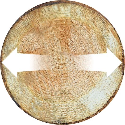 BLACKDECKER GTC1843L photography showing a tree trunk cross-section with a double-headed white arrow indicating diameter.
