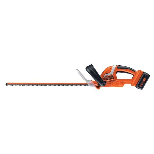 A BLACK+DECKER cordless hedge trimmer with an orange and black design, featuring a long blade and ergonomic handle.