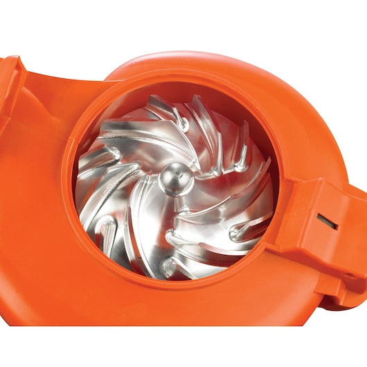Close-up view of a metal impeller inside an orange housing, part of a garden power tool.