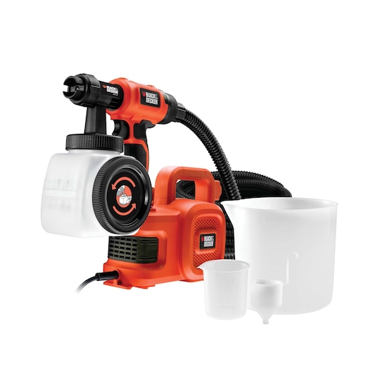 BLACKDECKER HVLP400 paint sprayer set with accessories, front angle on white background.