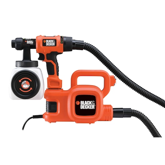 BLACK+DECKER HVLP400 orange paint sprayer with hose and white paint container, front view.