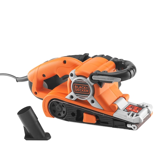BLACK+DECKER KA88 orange and black belt sander with ergonomic handle, dust extraction attachment, side view on white background.