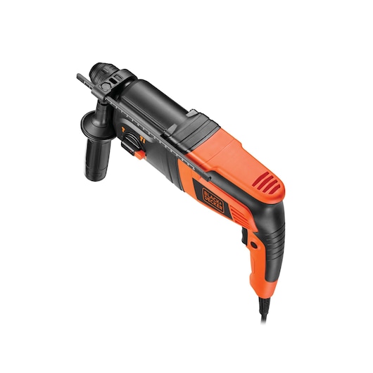 A BLACK+DECKER branded orange and black electric hammer drill with a side handle, shown against a white background.