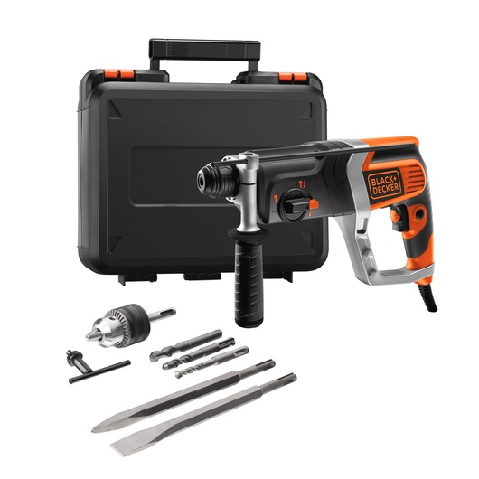 BLACKDECKER KD990KA rotary hammer drill with case, side handle, drill bits, chisels, and chuck, front angle.