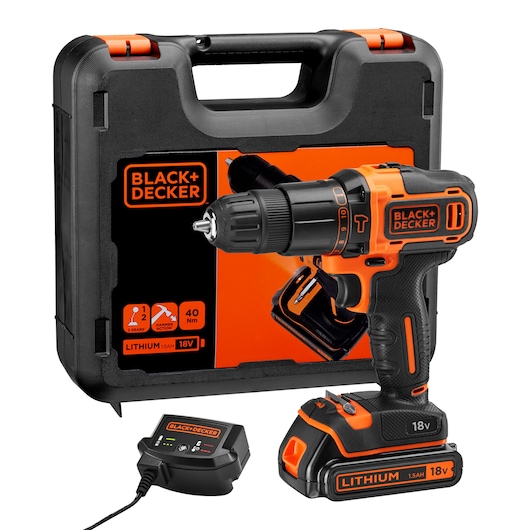 BLACK+DECKER cordless drill set, featuring an 18V lithium-ion drill with orange and black accents, a battery, charger, and a sturdy carrying case.
