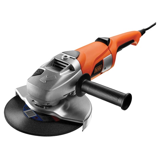 A BLACK+DECKER electric angle grinder with an orange and black handle, a large circular grinding disc, and a side grip handle.
