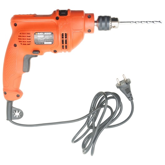 An orange BLACK+DECKER corded electric drill with a drill bit attached and a black power cord and plug.