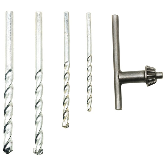 Set of four metal drill bits and a chuck key displayed on a white background.