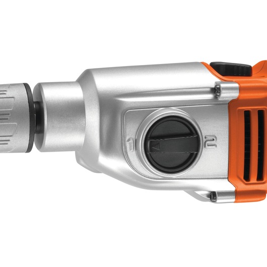 BLACKDECKER KR911K drill close-up showing silver and orange body, black mode selector dial, studio angle.