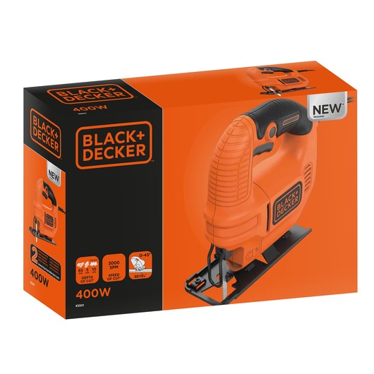 BLACK+DECKER KS501 jigsaw packaging, showing orange and black power tool with 400W power, front angle.