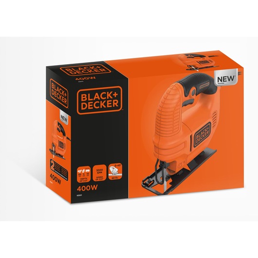 BLACK+DECKER KS501 orange jigsaw 400W in retail packaging, front angle on white background.