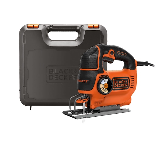 BLACK+DECKER orange and black electric jigsaw with a sturdy handle, shown in front of a black carrying case with the BLACK+DECKER logo embossed on it.