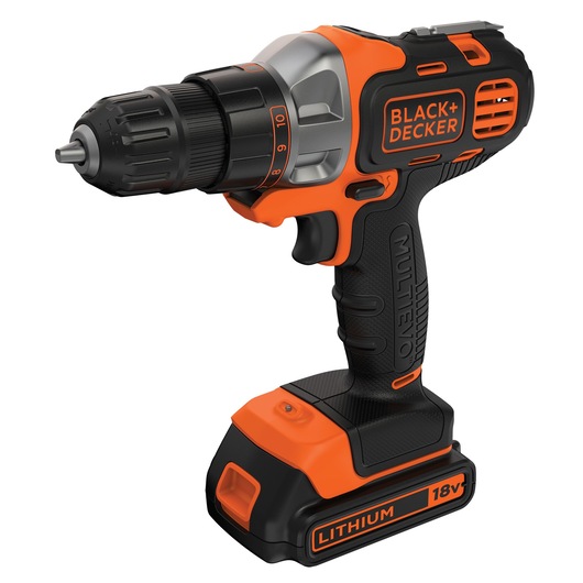 BLACK+DECKER MT218K cordless drill, orange and black, side angle, visible 18V lithium battery.