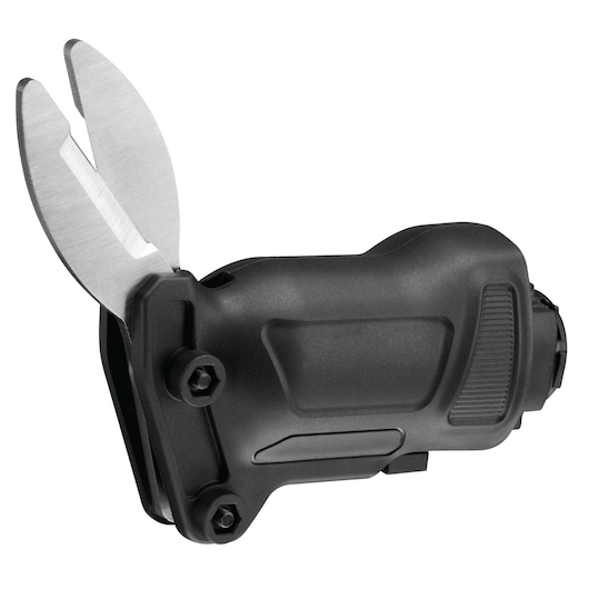 BLACKDECKER MT218K black multi-tool attachment with dual silver cutting blades, side view on white.