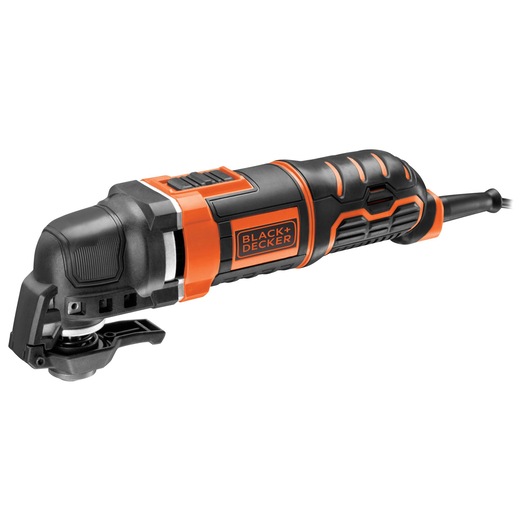 A BLACK+DECKER MT300KA oscillating multi-tool with a black and orange design, shown lying on a white background. This power tool is used for various home improvement tasks, such as sanding, cutting, and scraping.