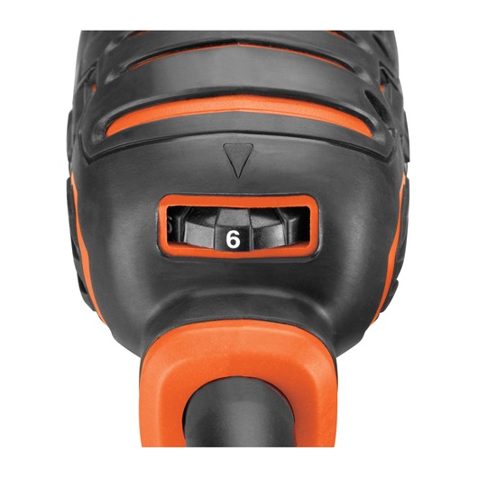 BLACKDECKER MT300KA hand tool speed dial close-up, black and orange, front angle.