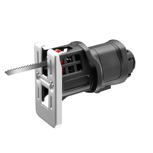 BLACKDECKER MTJS1 jigsaw attachment, black and silver, front angle, white background.