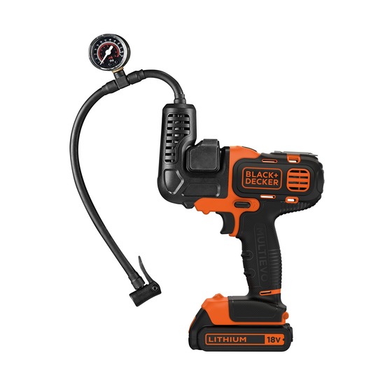 BLACK+DECKER MTNF9 cordless inflator, orange and black, side angle, with pressure gauge and hose.