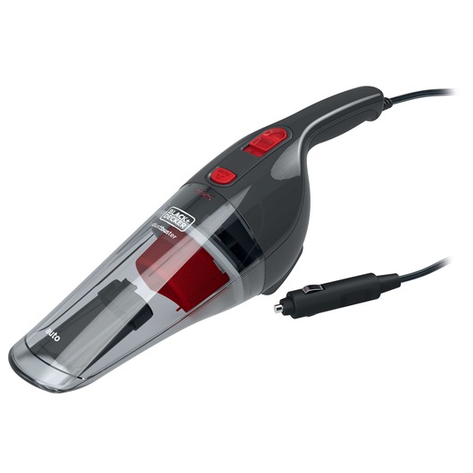 BLACKDECKER NV1210AV handheld vacuum, black and red, side angle, car adapter plug visible.