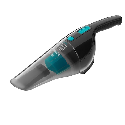 A BLACK+DECKER handheld vacuum cleaner with a transparent nozzle and visible inner filter, featuring turquoise buttons and a black handle.