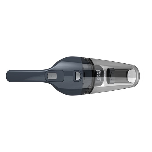 Top view of a BLACK+DECKER handheld vacuum cleaner, featuring a dark gray body and a transparent dust container.