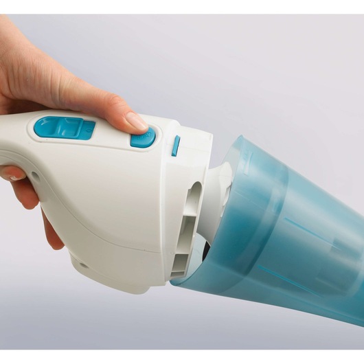 BLACKDECKER NW4820N handheld vacuum with blue dust container being removed, close-up view.